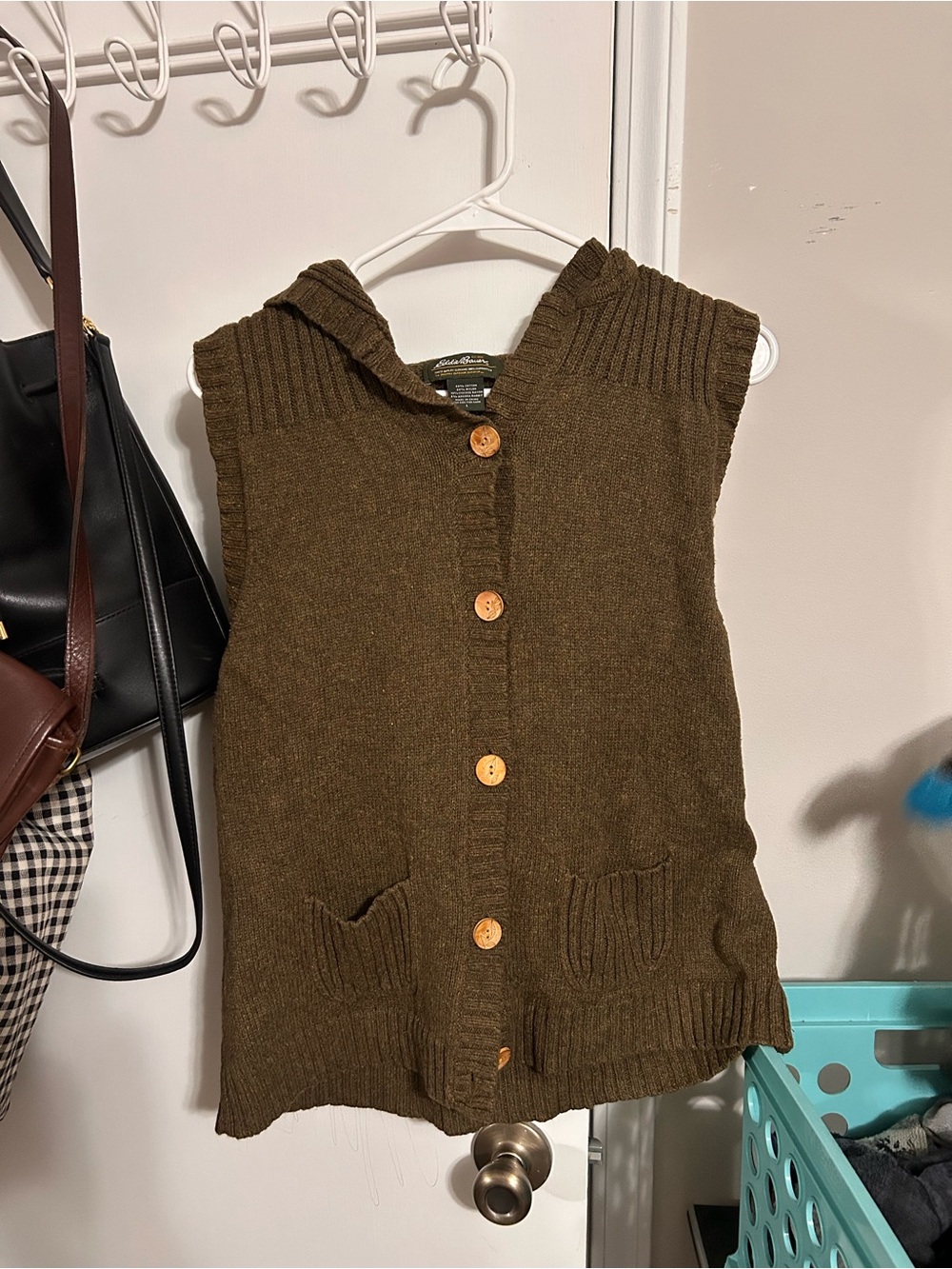 Eddie Bauer Sleeveless Hooded Button-Front Knit Sweater Vest - Olive